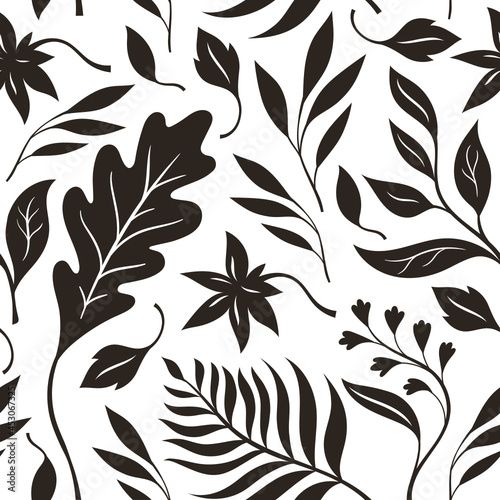 Autumn leaves, black and white seamless illustration. Vector pattern, fabric design