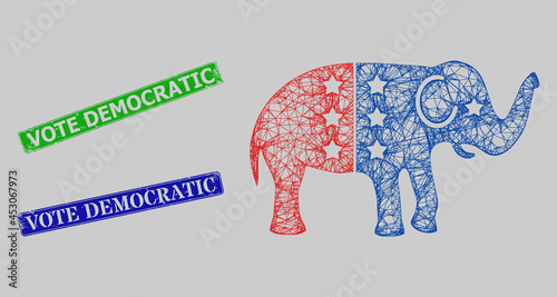 Carcass crossing mesh american democratic elephant model, and Vote Democratic blue and green rectangular rubber seals. Carcass net image designed with american democratic elephant pictogram.