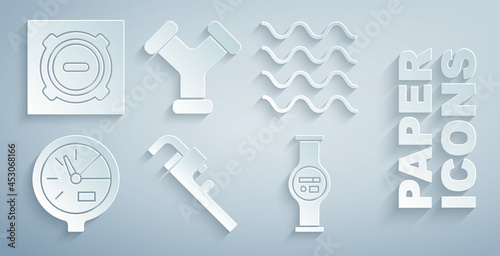 Set Pipe adjustable wrench, Wave, Water meter, Industry metallic pipe and Manhole sewer cover icon. Vector