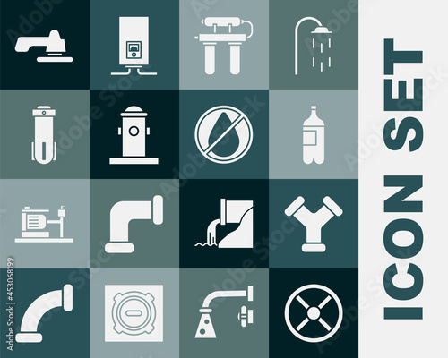Set Industry valve, metallic pipe, Bottle of water, Water filter, Fire hydrant, tap and drop forbidden icon. Vector