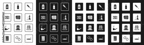 Set Syringe, Package with cocaine, Cocaine or heroin drug, Medicine bottle and pills, Hookah, Alcohol drink, Test tube flask and Smoking pipe icon. Vector