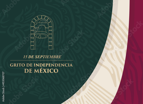 VECTORIAL BANNER for Grito de Dolores/Grito de Independencia de Mexico, 
coat of arms background, bell, golden details, 15 septiembre, Fiestas patrias, cultural events, traditions, patriotic, elegant