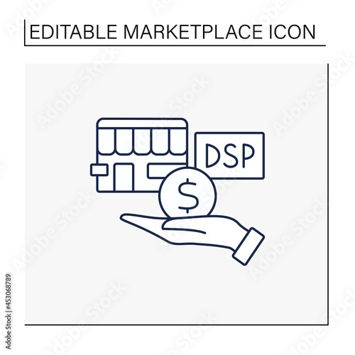 Demand side line icon. Buying product or service. Hand giving money for quality goods to store.Marketplace concept. Isolated vector illustration. Editable stroke