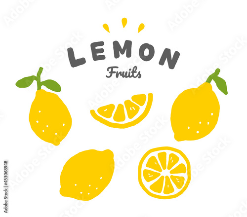 レモンの手描きイラストのセット シンプル フルーツ 果物 柑橘系 シトラス 夏 かわいい 果実 断面