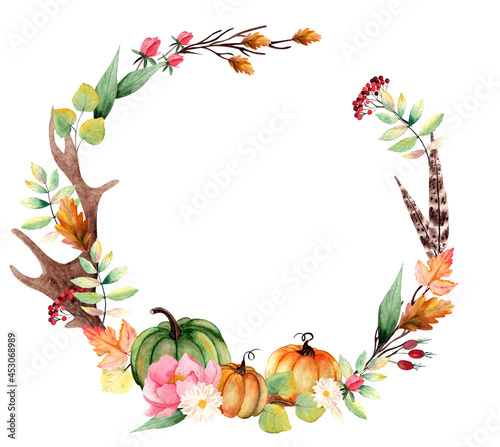 Thanksgiving wreath, Watercolor wreath, Fall wreath, Watercolor Pumpkins