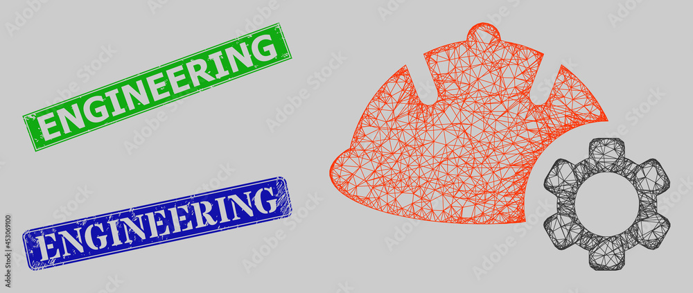 Wireframe network engineering model, and Engineering blue and green rectangle grunge stamp seals. Frame network illustration based on engineering pictogram.
