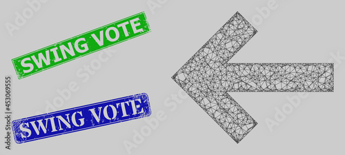 Carcass crossing mesh left direction arrow model, and Swing Vote blue and green rectangular rubber seal prints. Frame net mesh illustration is created from left direction arrow pictogram.