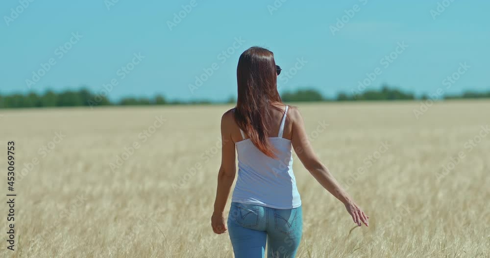 Beautiful slender woman walks through a wheat field, rear view.Woman with long hair is walking, a beautiful landscape. 4k, ProRes Beautiful slender woman walks through a wheat field, rear view.Woman with long hair is walking, a beautiful landscape. 4k, ProRes