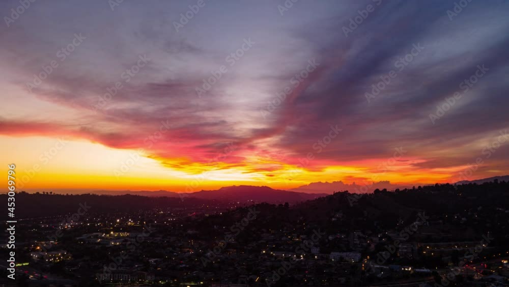 Aerial hyperlapse of epic sunset sky over Los Angeles skyline Aerial hyperlapse of epic sunset sky over Los Angeles skyline