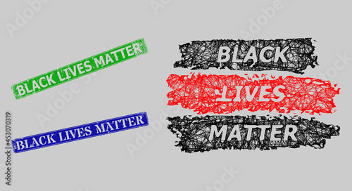 Wireframe net black lives matter model, and Black Lives Matter blue and green rectangular corroded stamps. Carcass net symbol designed with black lives matter icon.