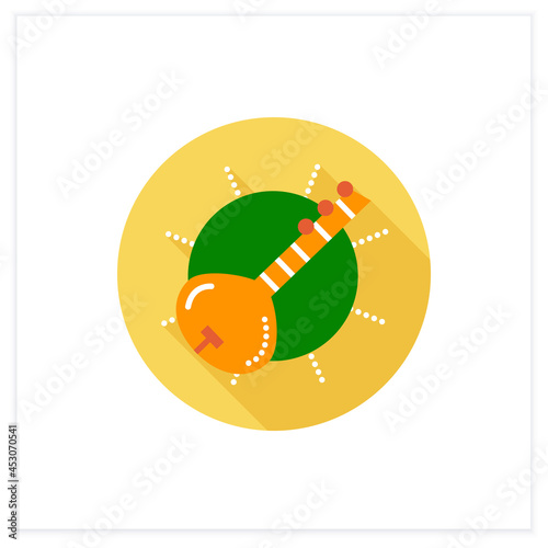  Sitar flat icon. Indian traditional string musical instrument. Indian classical music. Hindu music. Indian culture, esthetics, traditions and customs. Color vector illustration