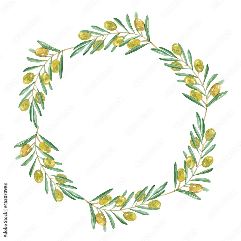 watercolor green olive wreath isolated on white