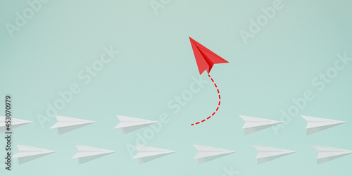 Red paper plane out of line with white paper to change disrupt and finding new normal way on blue background. Lift and business creativity new idea to discovery innovation technology. 3d render