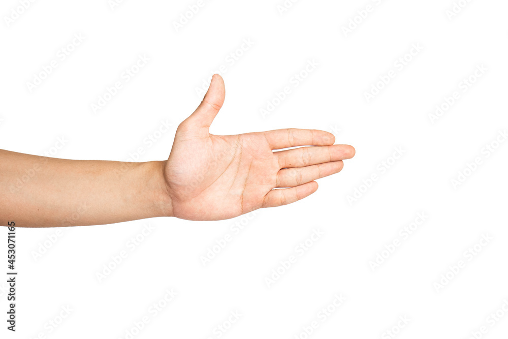 Close up of open hand gesture isolated with white background. Close up of open hand gesture isolated with white background.