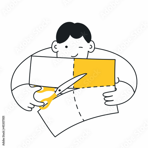 The character cuts promotional coupons with scissors. The concept of marketing and promotion, discounts, and bargain purchases. Thin line vector illustration on white isolated background.