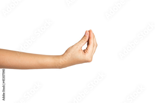 Close up of Italian hand gesture isolated with white background. I want to eat hand sign photo