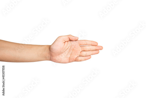 Close up of open hand gesture isolated with white background. Karate chop hand gesture.