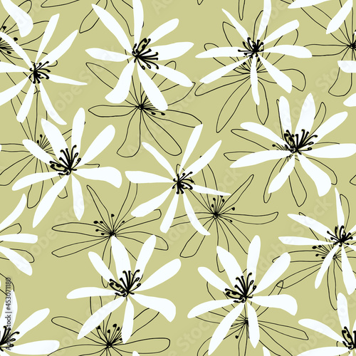 Vector seamless pattern of wildflowers  daisies  clematis. Hand-drawn. Botanical pattern on yellow background. Design for posters  postcards  textiles  fabrics  prints  decor  paper  packaging.