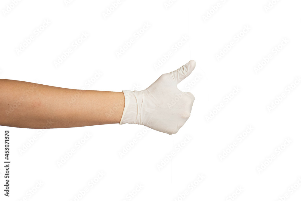 Close up of thumbs up hand sign wearing white rubber gloves isolated with white background.