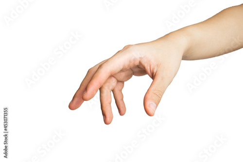 Close up of reaching hand isolated with white background.