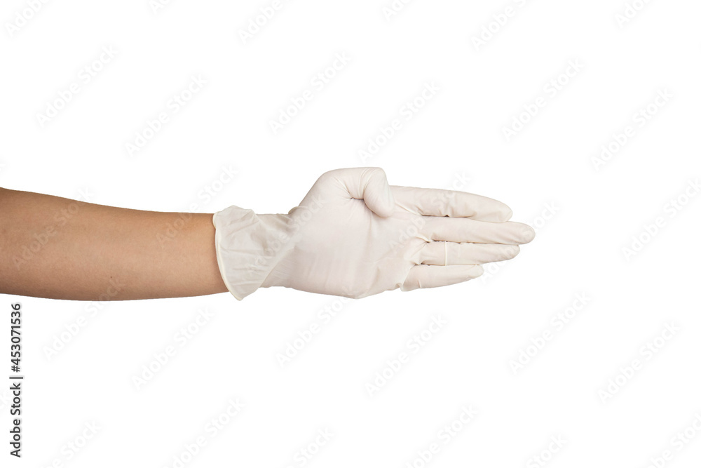 Close up of open hand wearing white rubber gloves isolated with white background. Clasp thumb