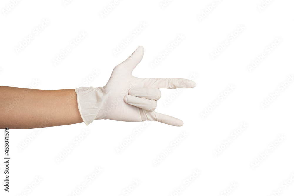 Close up of I Love You hand sign wearing white rubber gloves isolated with white background.