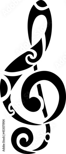 Treble clef tribal tattoo sketch,  power of music. Hand drawn doodle isolated vector illustration.