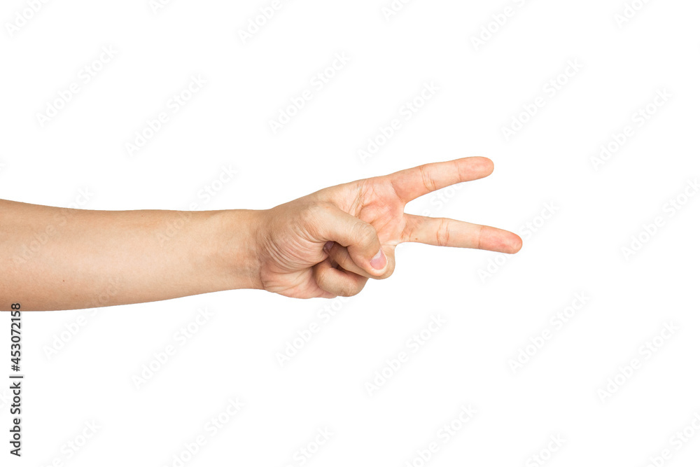 Close up of peace hand sign isolated with white background. Peace hand gesture. Number two hand gesture. Scissor hand gesture. Close up of peace hand sign isolated with white background. Peace hand gesture. Number two hand gesture. Scissor hand gesture.