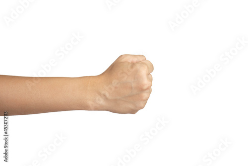 Close up of fist isolated with white background. Punching hand gesture.