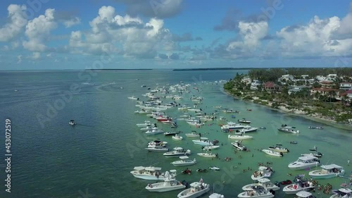 Drone low flyover over sandbar in Islamorada, Florida Keys
