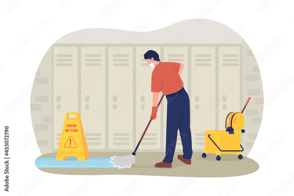 Obraz premium School janitor in the corridor 2D vector isolated illustration. Adult male cleaner mopping at school hallway flat characters on cartoon background. Coronovirus precaution colourful scene
