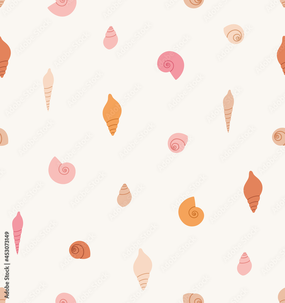 Seamless pattern of seashells. Concept of ocean flora and fauna, marine and underwater life, mollusk shells, summertime. Colored vector illustration, isolated on beige. Seamless pattern of seashells. Concept of ocean flora and fauna, marine and underwater life, mollusk shells, summertime. Colored vector illustration, isolated on beige.