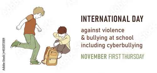 Landscape anti-bullying poster. Boys fighting in school. Vector illustration