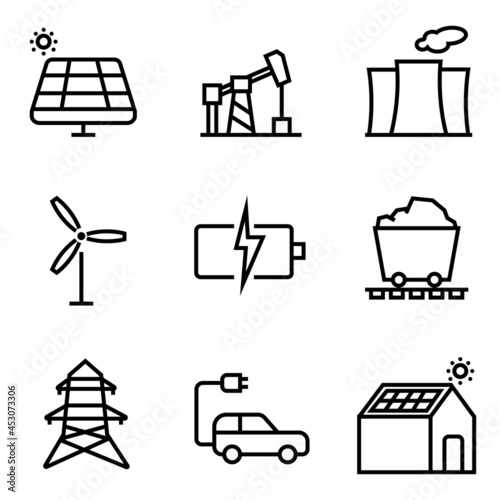 Icon set of global energy source dirty energy source and clean energy for the future solar cell and wind farm and solar roof.