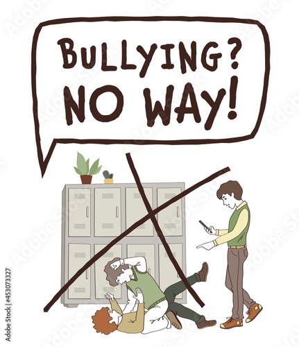 Vertical anti-bullying poster. Boys fighting in school. Vector illustration