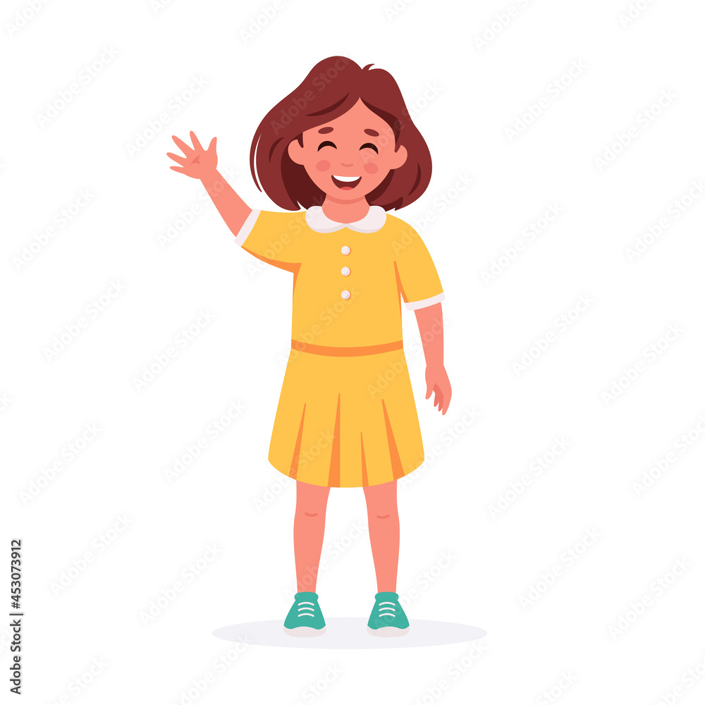 Little girl smiling and waving hand. Greeting gesture. Elementary school student. Vector illustration Little girl smiling and waving hand. Greeting gesture. Elementary school student. Vector illustration