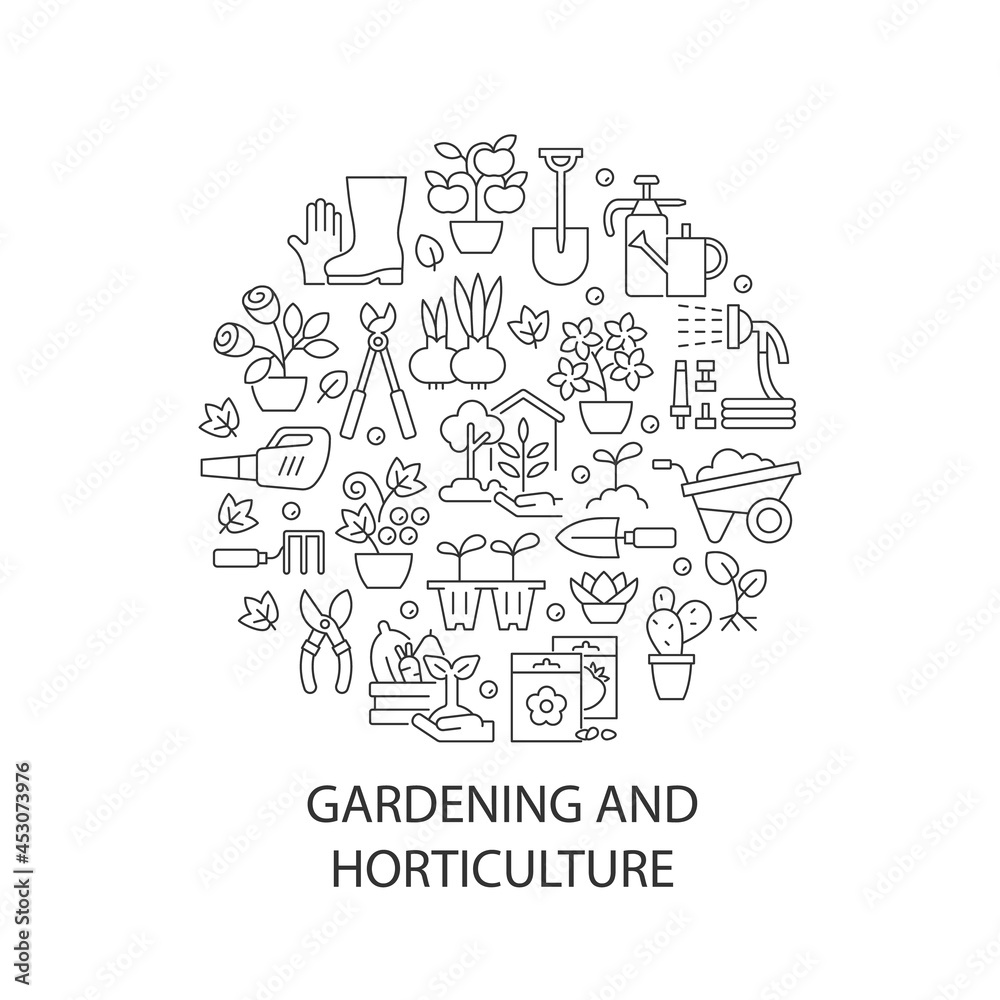 Gardening abstract linear concept layout with headline. Plant care in home yard. Horticulture minimalistic idea. Horticulture. Thin line graphic drawings. Isolated vector contour icons for background