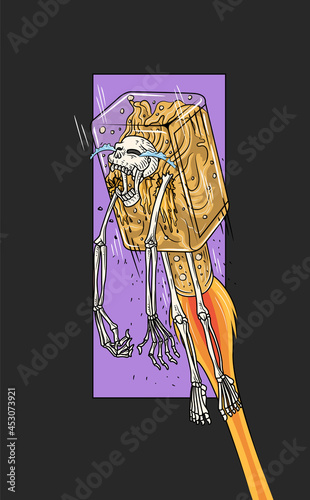 illustration of a skull flying in a bottle like a rocket while crying,this illustrates a person who forgets his heartache by spending the night drinking,this funny illustration can be used as a poster