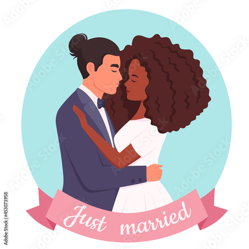 Wedding couple. Man and black woman getting married, newlyweds. Wedding portrait. Multicultural family. Vector illustration