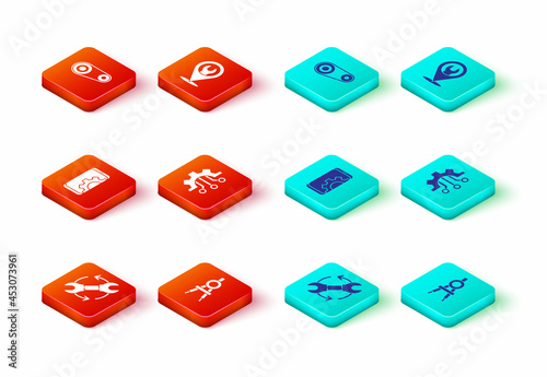 Set Wrench and arrows as workflow, Drawing compass, Setting on smartphone, Algorithm, Location with wrench spanner and Timing belt kit icon. Vector