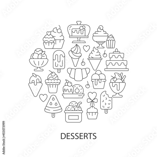 Assorted desserts abstract linear concept layout with headline. Sweets collection minimalistic idea. Cafe menu for desserts. Thin line graphic drawings. Isolated vector contour icons for background