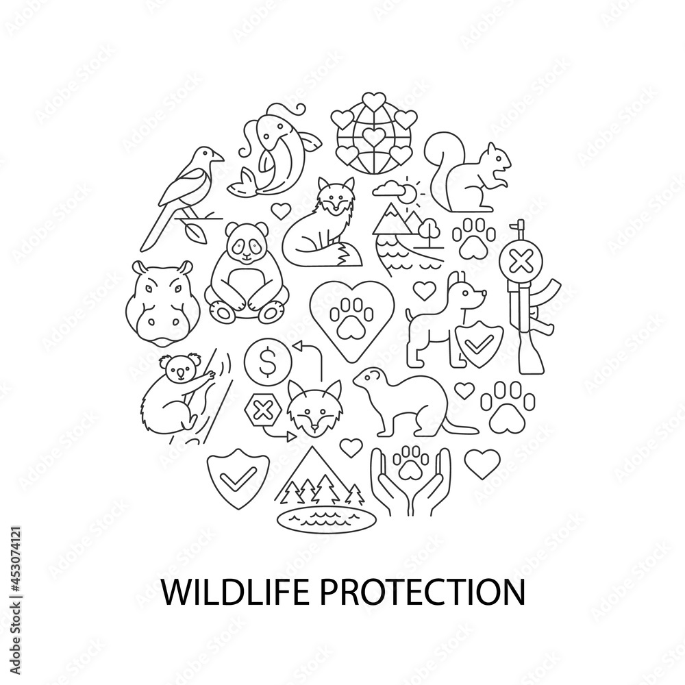 Wildlife protection abstract linear concept layout with headline. Animal welfare minimalistic idea. Biodiversity protection. Thin line graphic drawings. Isolated vector contour icons for background
