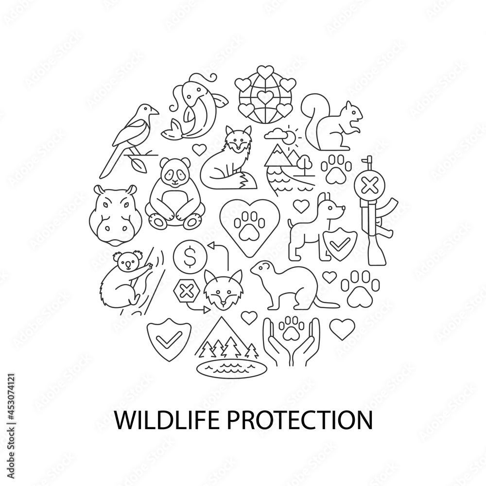Wildlife protection abstract linear concept layout with headline. Animal welfare minimalistic idea. Biodiversity protection. Thin line graphic drawings. Isolated vector contour icons for background Stock Vector | Adobe Stock Wildlife protection abstract linear concept layout with headline. Animal welfare minimalistic idea. Biodiversity protection. Thin line graphic drawings. Isolated vector contour icons for background Stock Vector | Adobe Stock