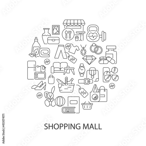 Shopping goods abstract linear concept layout with headline. Clothing and household items. Store products minimalistic idea. Thin line graphic drawings. Isolated vector contour icons for background