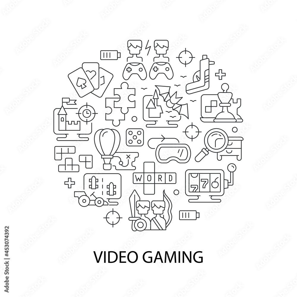 Video game abstract linear concept layout with headline. Digital entertainment. Playing console minimalistic idea. Thin line graphic drawings. Isolated vector contour icons for background