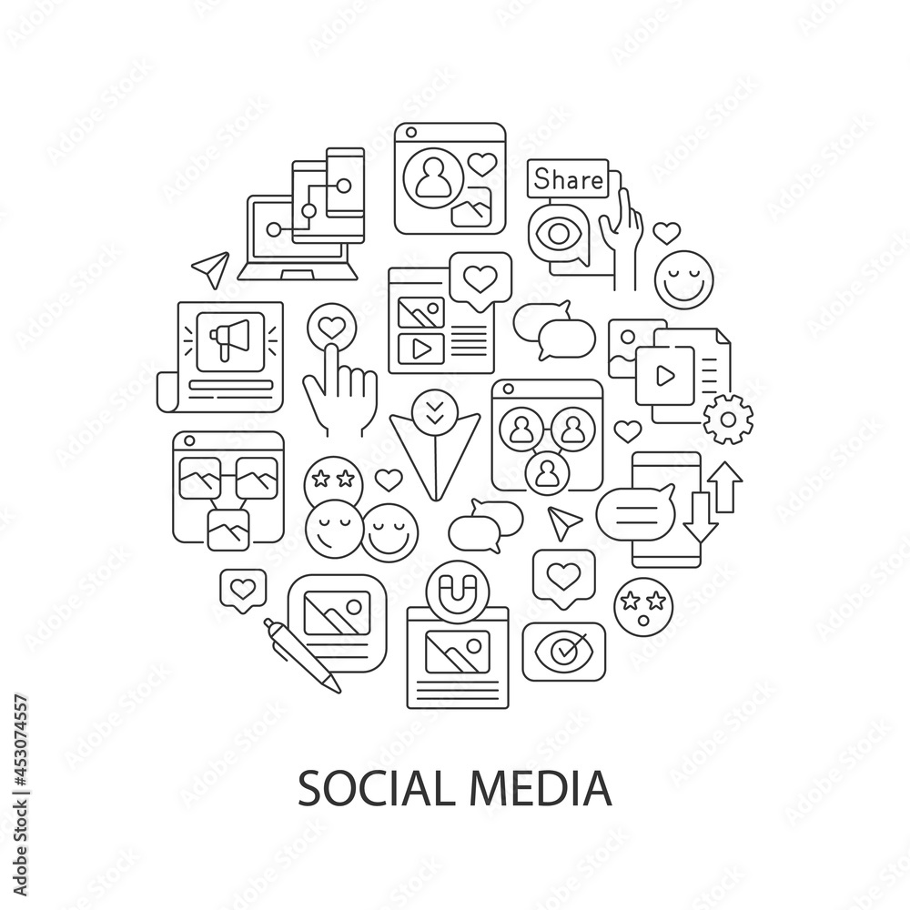 Social media abstract linear concept layout with headline. Digital blog. Online communication minimalistic idea. Thin line graphic drawings. Isolated vector contour icons for background