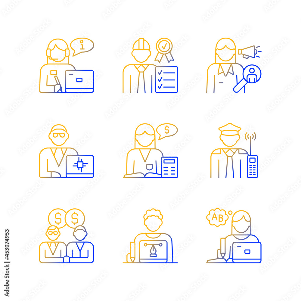 Employees team gradient linear vector icons set. Sales epresentative. Staff of organization. Team of workers. Thin line contour symbols bundle. Isolated outline illustrations collection Employees team gradient linear vector icons set. Sales epresentative. Staff of organization. Team of workers. Thin line contour symbols bundle. Isolated outline illustrations collection