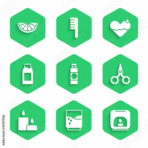 Set Cream or lotion cosmetic tube, Glass with water, Aroma lamp, Scissors, Burning candle, Bottle milk, Heart heal and Citrus fruit icon. Vector