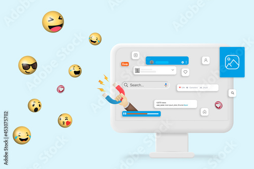 3D clay monitor on a background. The powerful of influencer marketing. Development, seo analysis concept with floating elements. Development banner design with 3d rendering. vector illustration