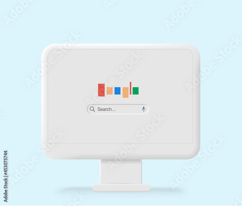 3D clay monitor on a background. Internet empty web landing page concept with search bar and buttons. Vector illustration